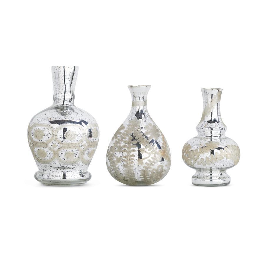 Assorted Silver Mercury Glass Etched Bud Vase