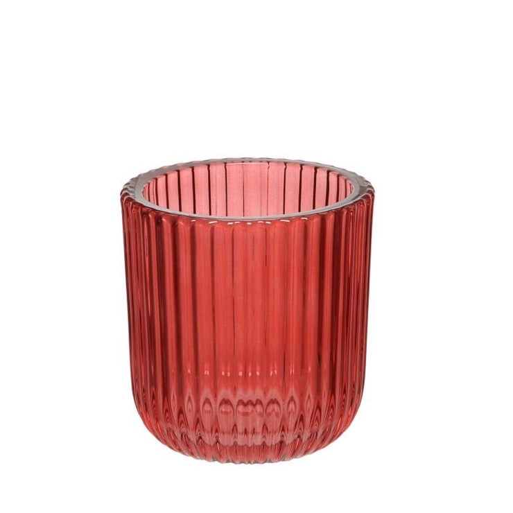 Red Ribbed Tea Light Holder Cherry Red Narrow Stripes
