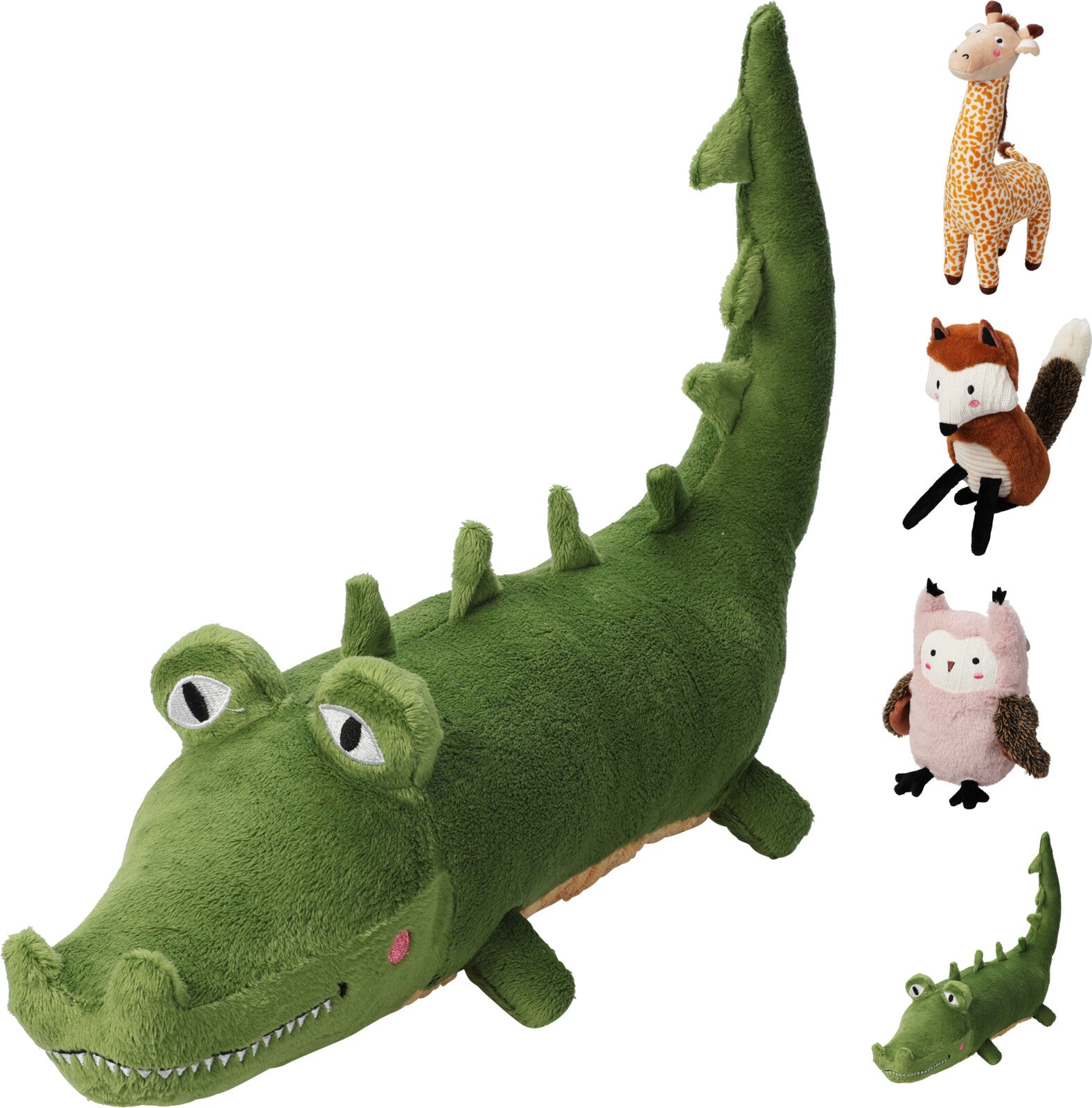 Plush Animals: Giraffe, Wolf, Owl & Alligator