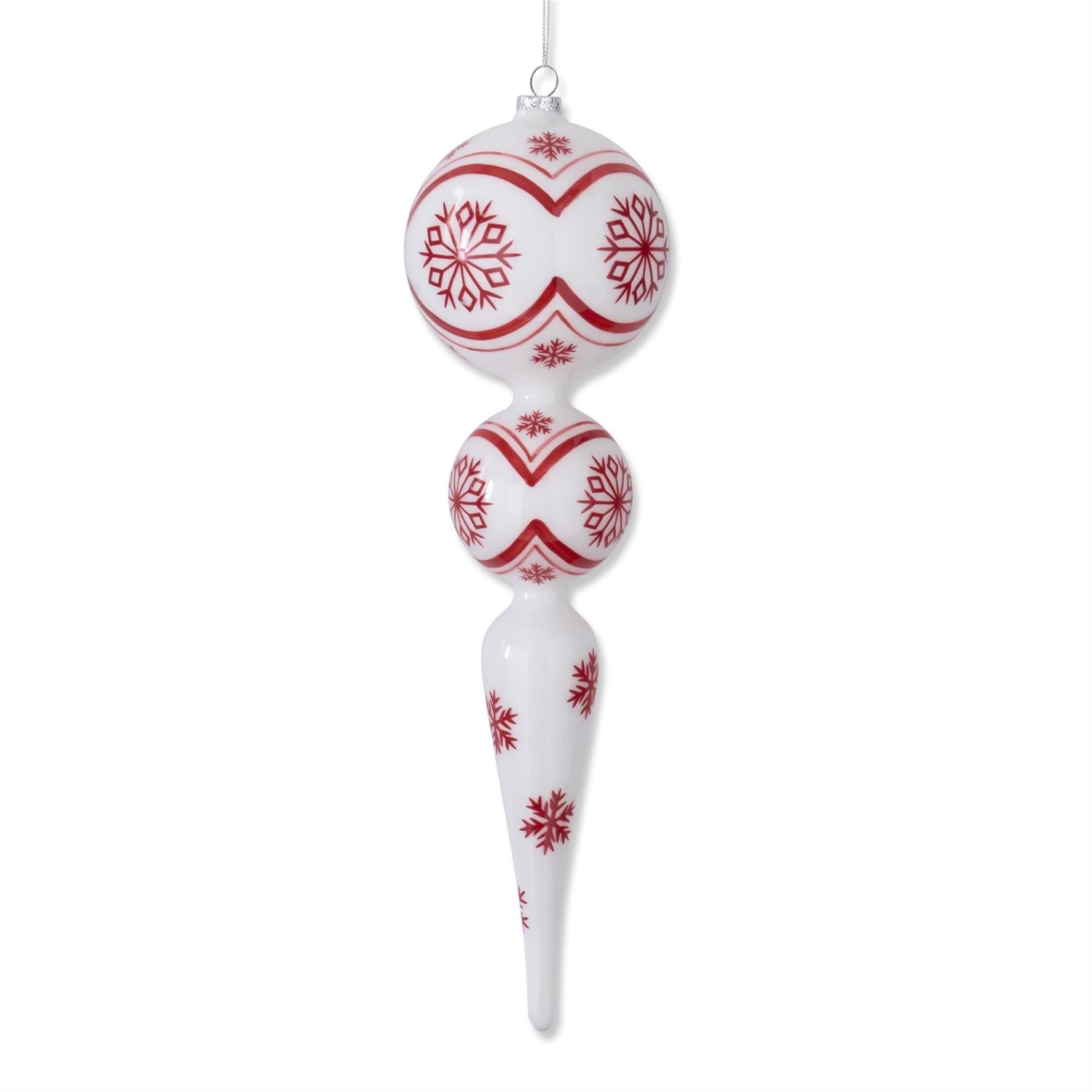 White with Red Snowflakes Glass Finial Ornament