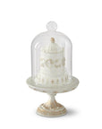 Glittered White Resin Cake on Silver Stand with Glass Swirled Dome
