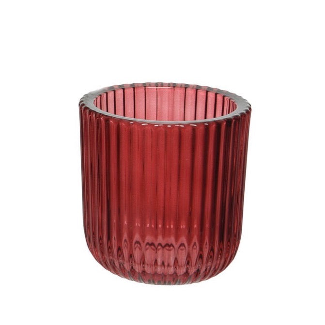 Red Ribbed Tea Light Holder Deep Red Narrow Stripes