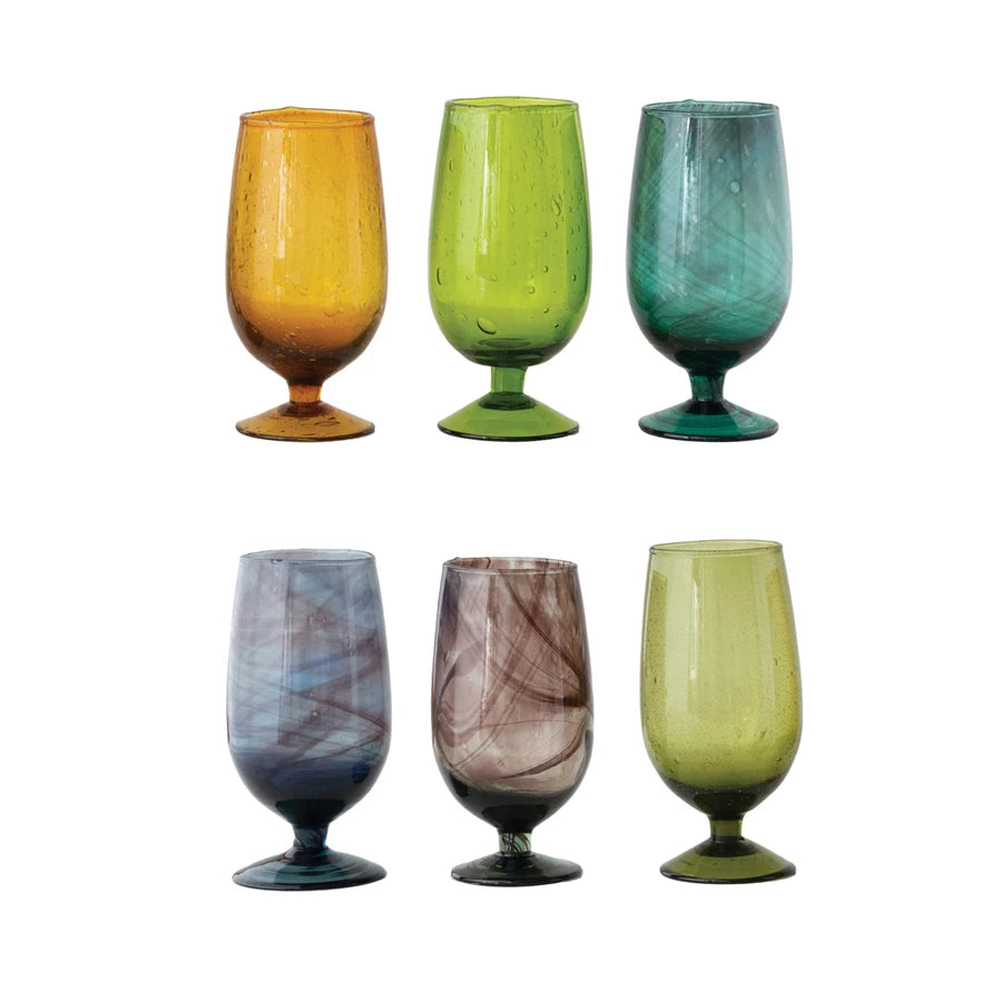 Hand Blown Drinking Glasses – Short-Stem Marbled Glassware Set (6-Piece)