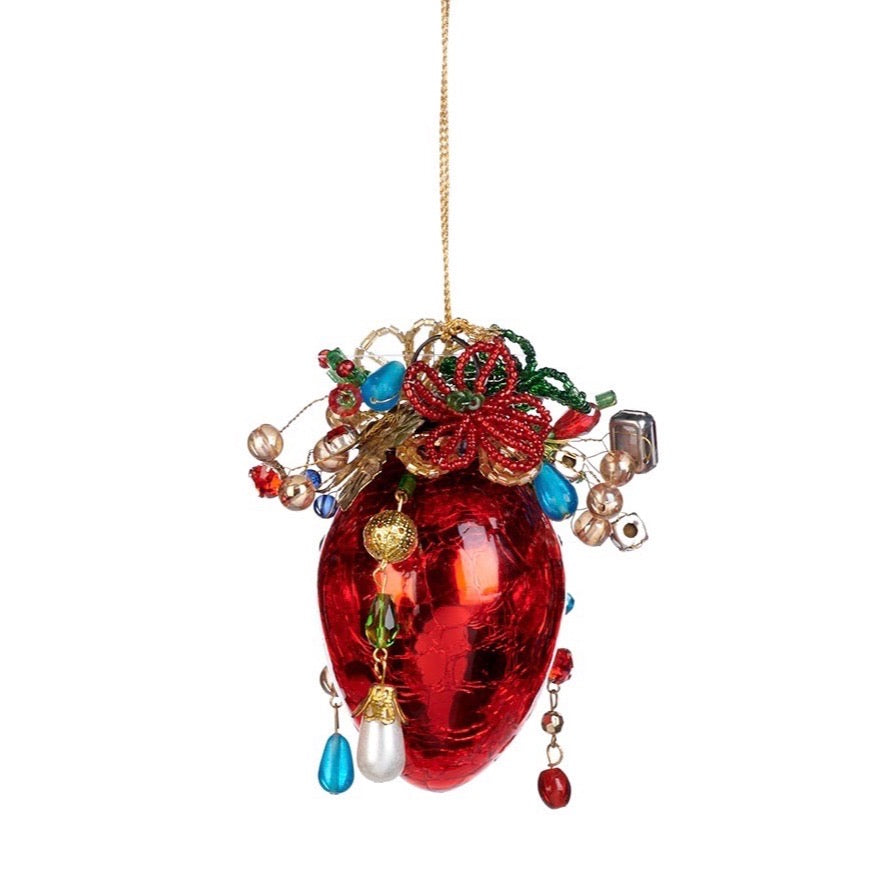 Red Mercury Glass Ornament with Jewels Oval