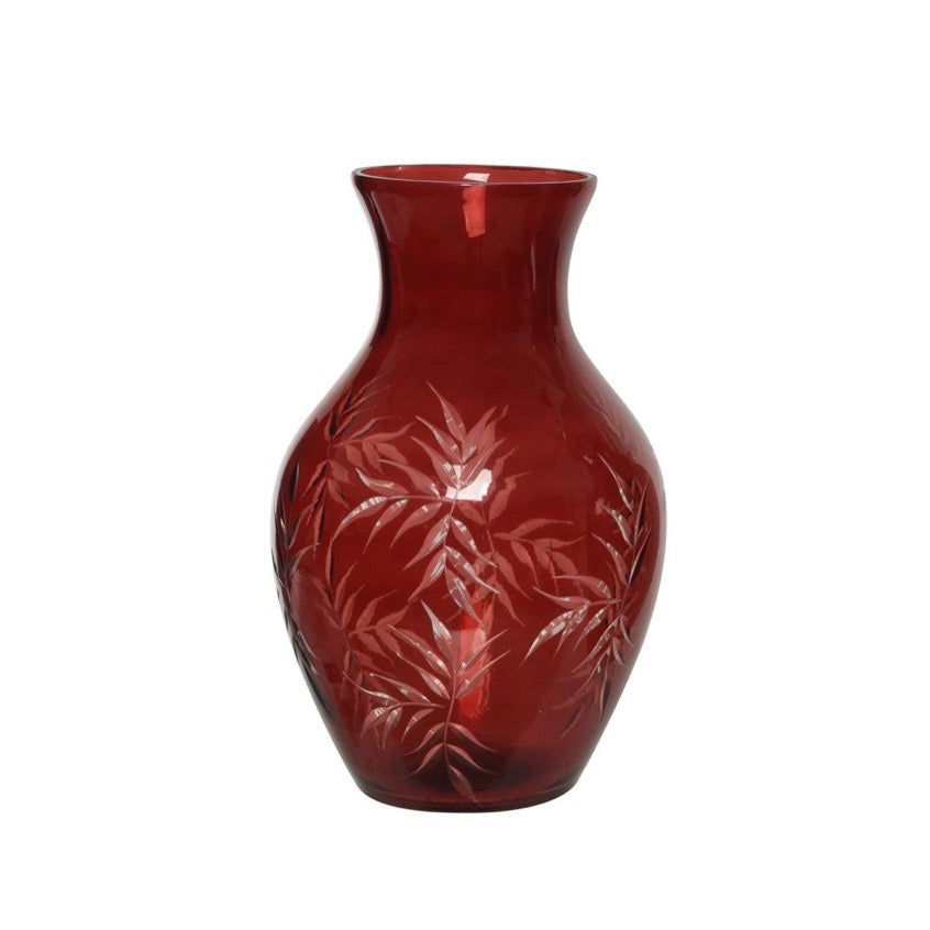 Leaf Pattern Glass Vase Red