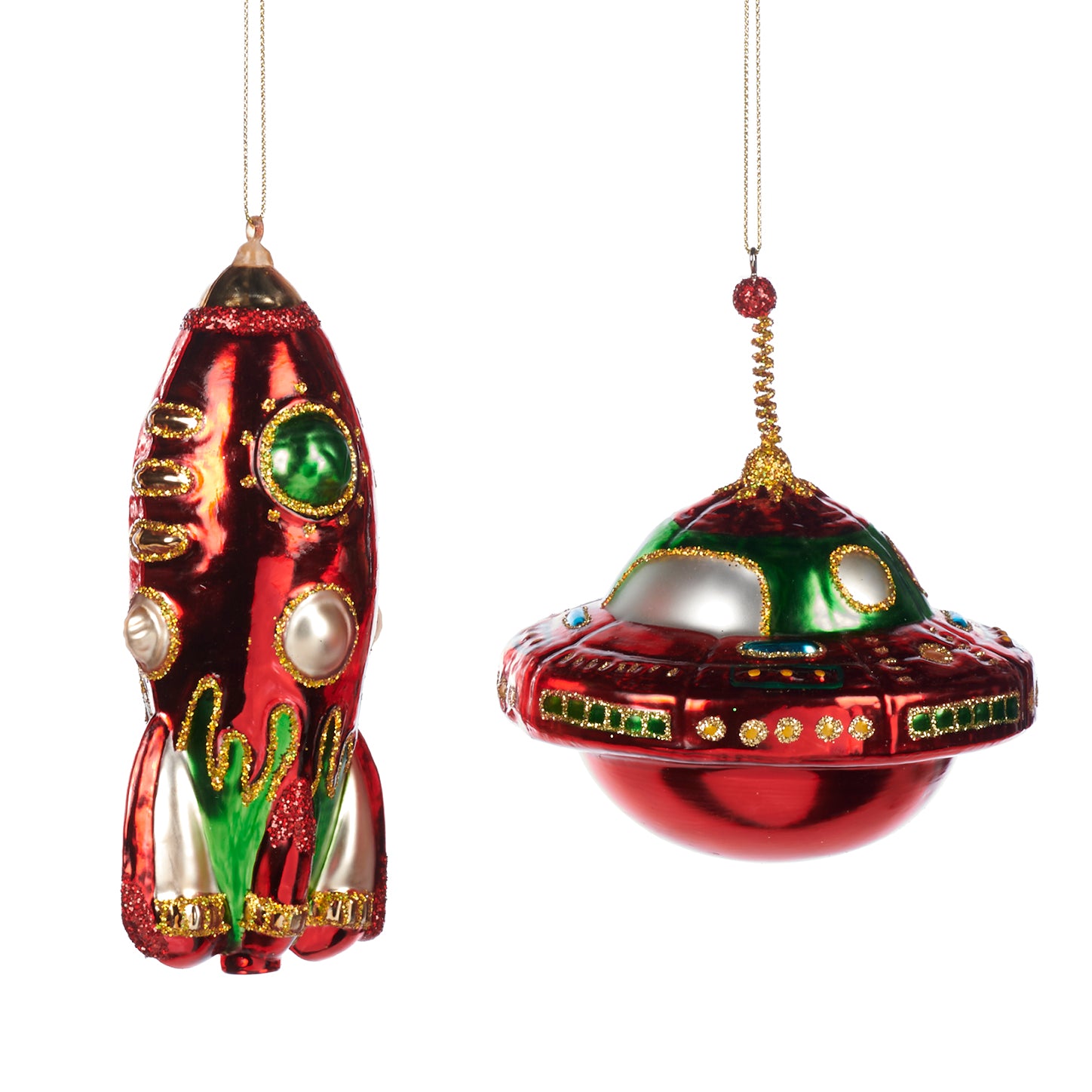 Glass Retro Rocket and UFO Ornaments