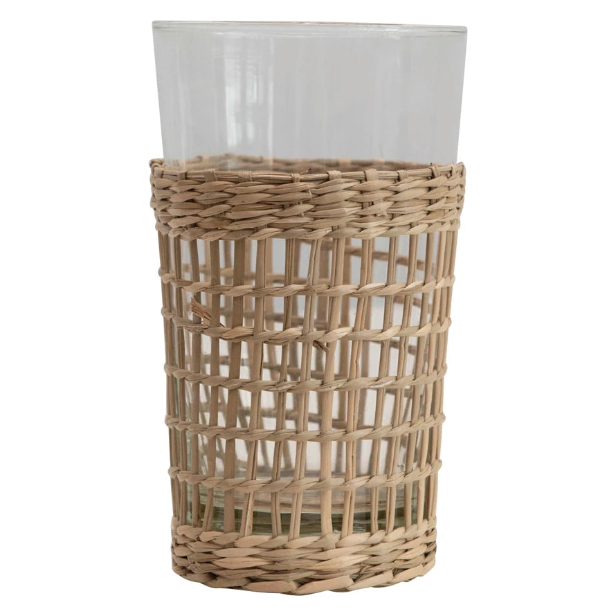 Clear Tumbler — Clear Glass Tumbler With Woven Seagrass Sleeve