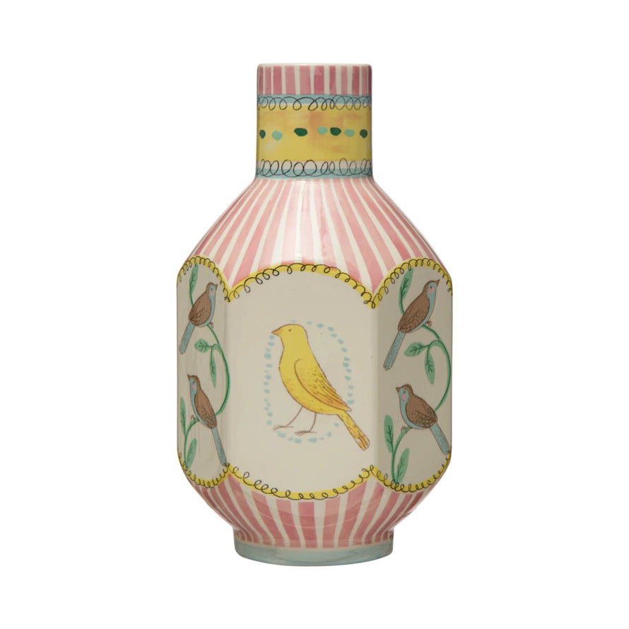 Bird Motif Six-Sided Vase