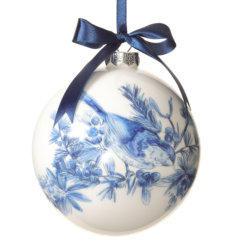 Delft-Inspired Watercolor Blue Bird Ornament