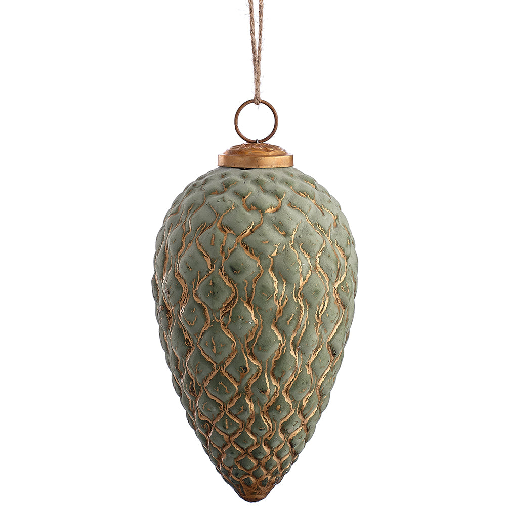 Velour Green and Gold Glass Ornaments Pine Cone 6"