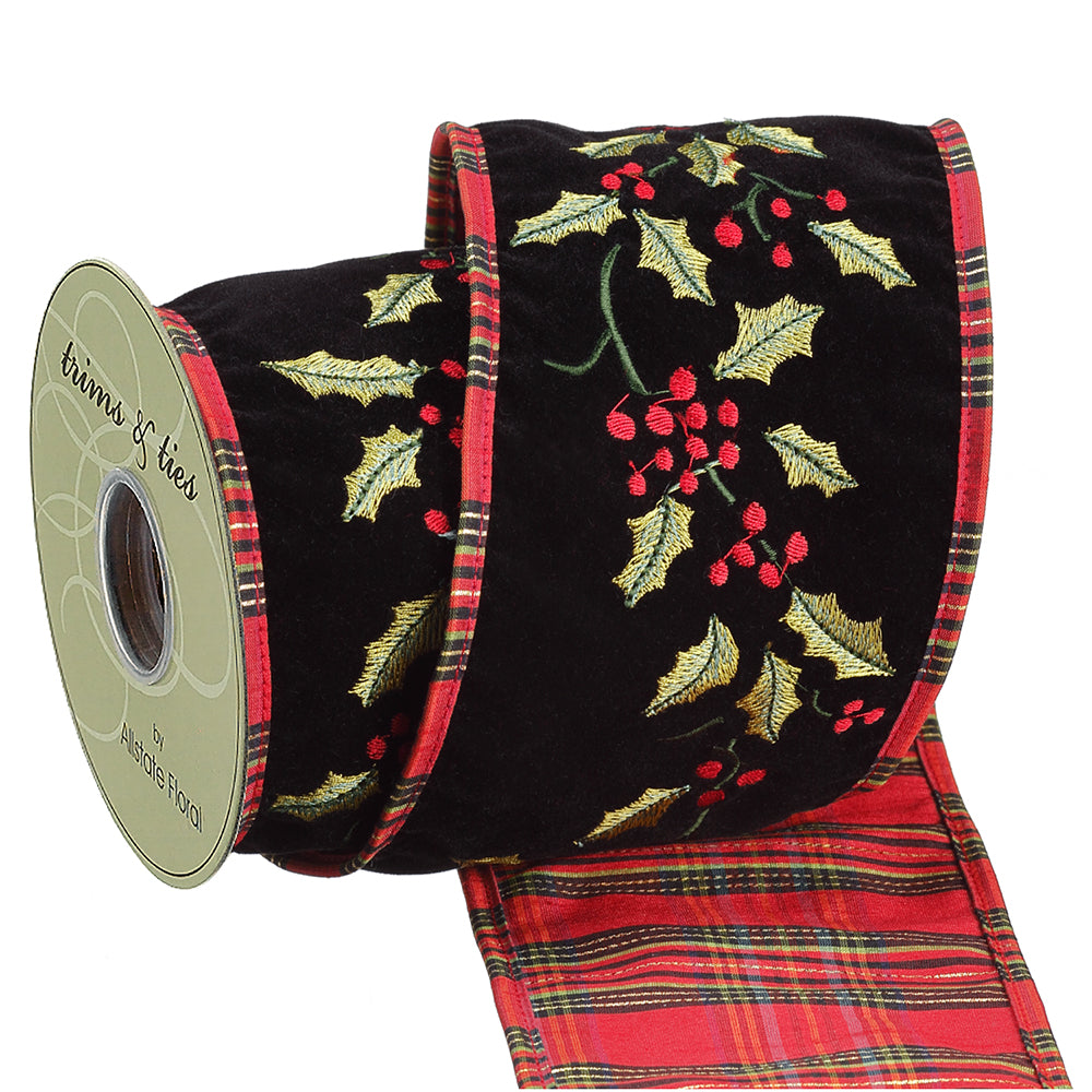 Holly Embroidered Ribbon with Plaid Trim