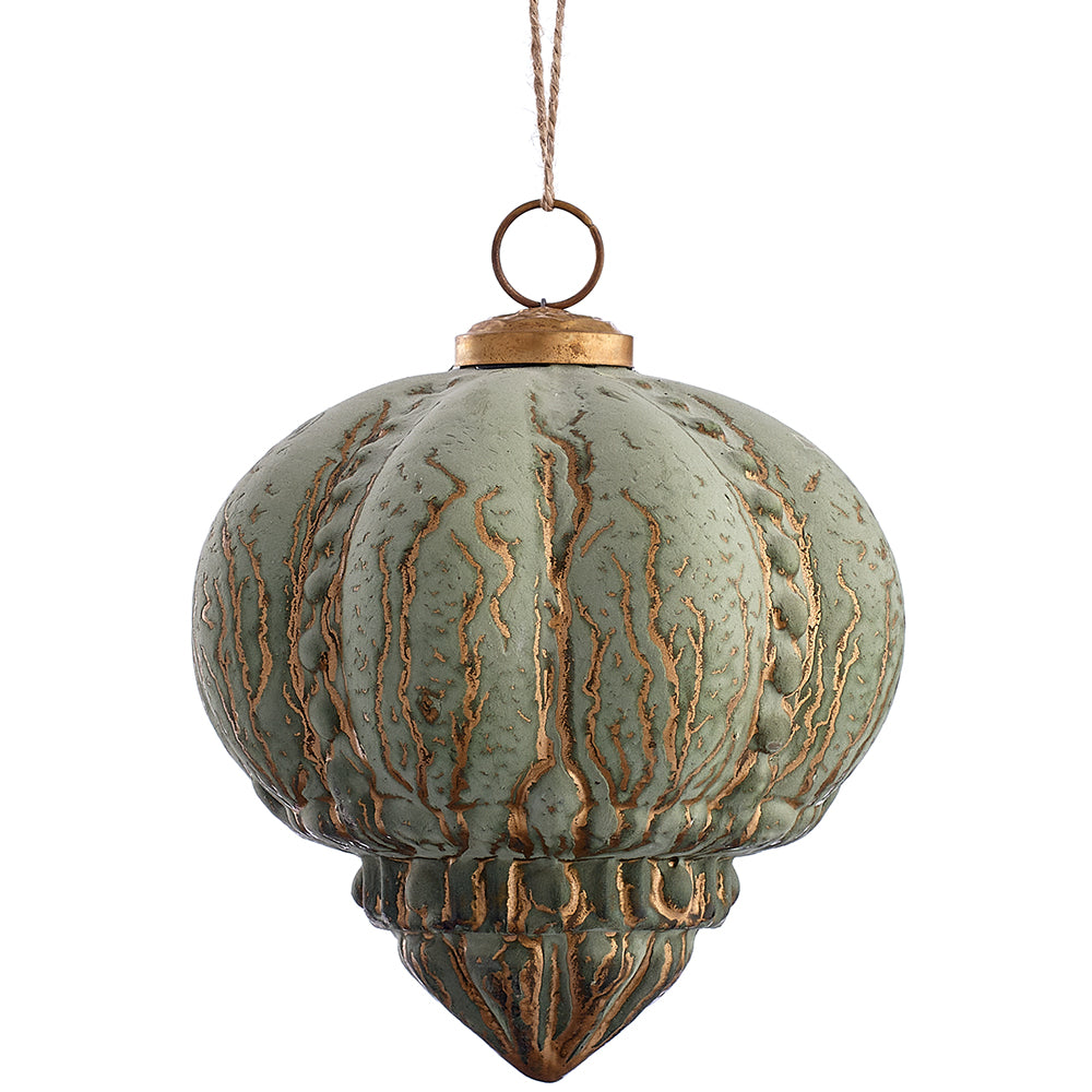 Velour Green and Gold Glass Ornaments Finial 5"