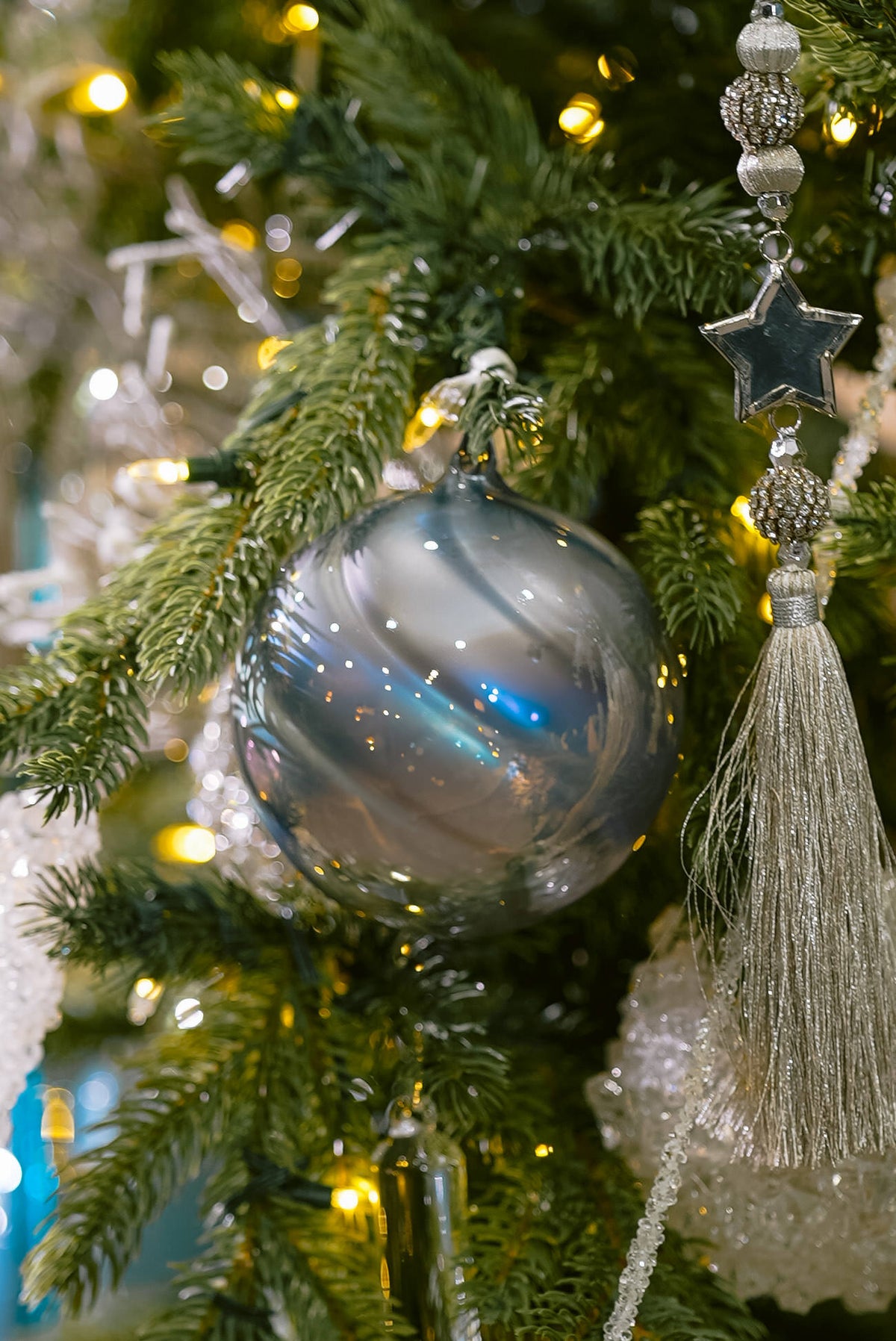 Blue and Silver Christmas Tree - Close up of Silver Ornaments 