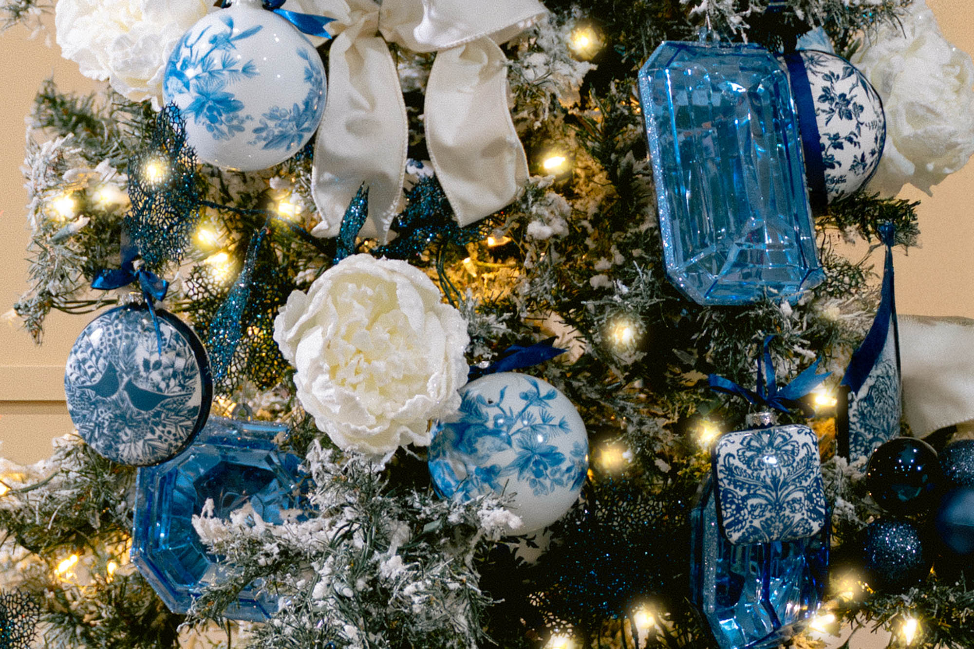 Blue and Whit Christmas Tree - Close up of Blue Ornaments and White Flowers for Christmas Tree 