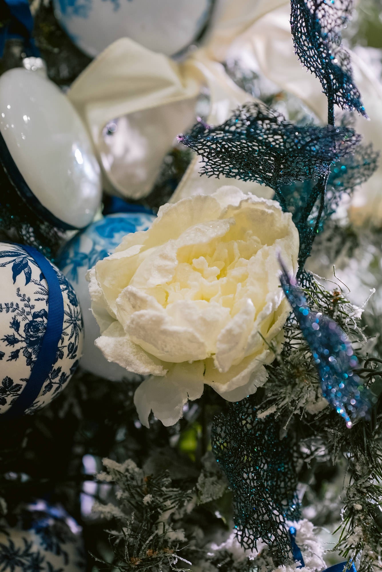 Blue and White Christmas Tree - White Roses and Blue Ornaments With Ribbons