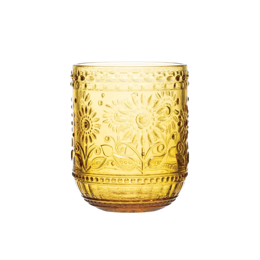 Amber Floral Embossed Drinking Glass