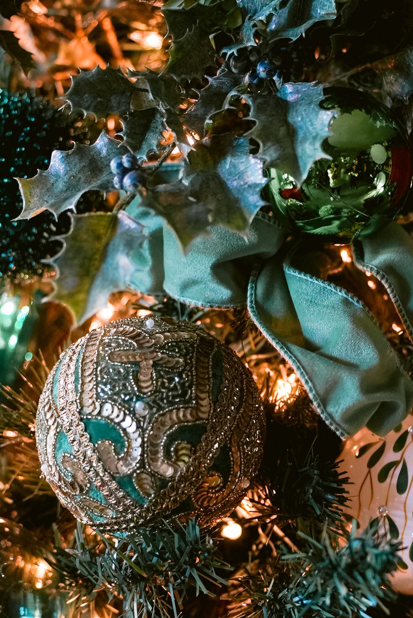 Green Christmas tree - close up of green Christmas tree green velvet ornament 