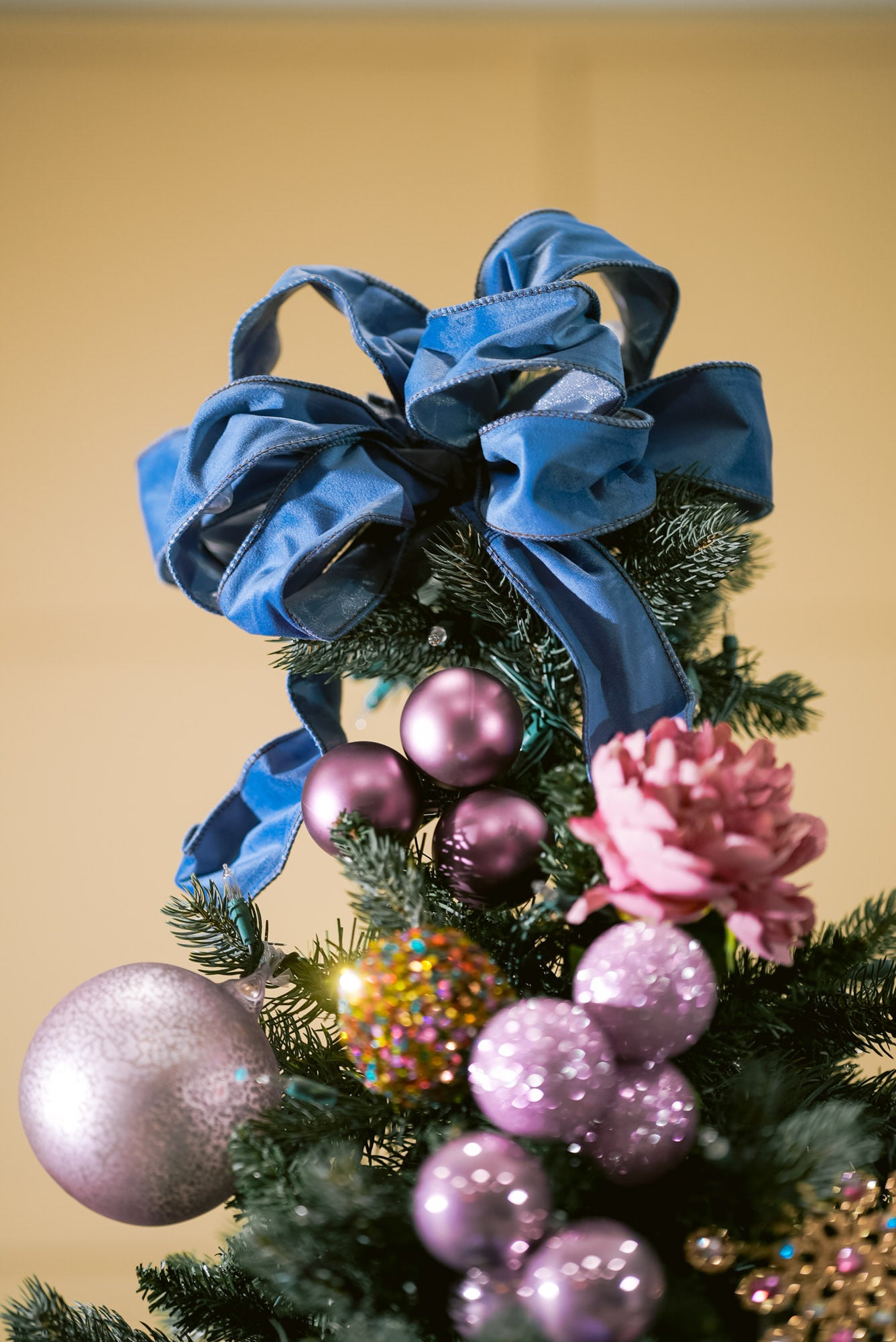 Purple Christmas Tree - purple ribbon as a topper for a purple Christmas tree 